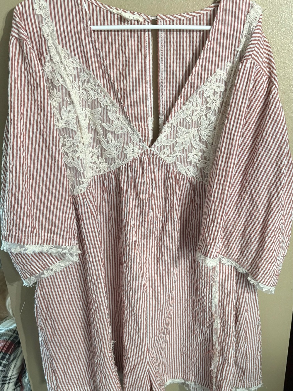 Oli & Hali Red and White Striped Lace-Trim Romper